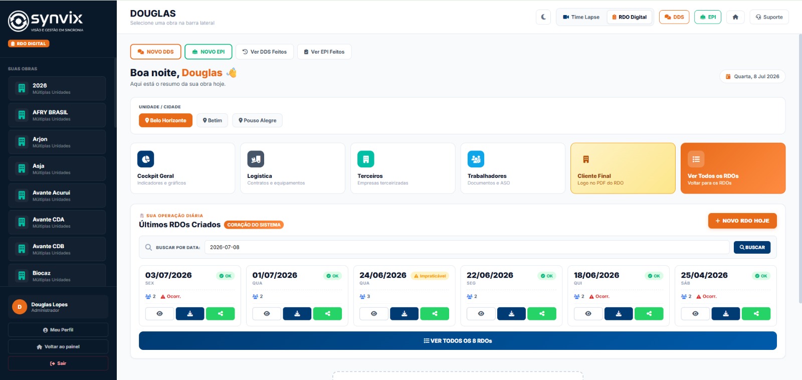 Plataforma Synvix — Módulo RDO Digital com cockpit da obra em Belo Horizonte, últimos RDOs criados, gestão de terceiros, trabalhadores, DDS e EPI